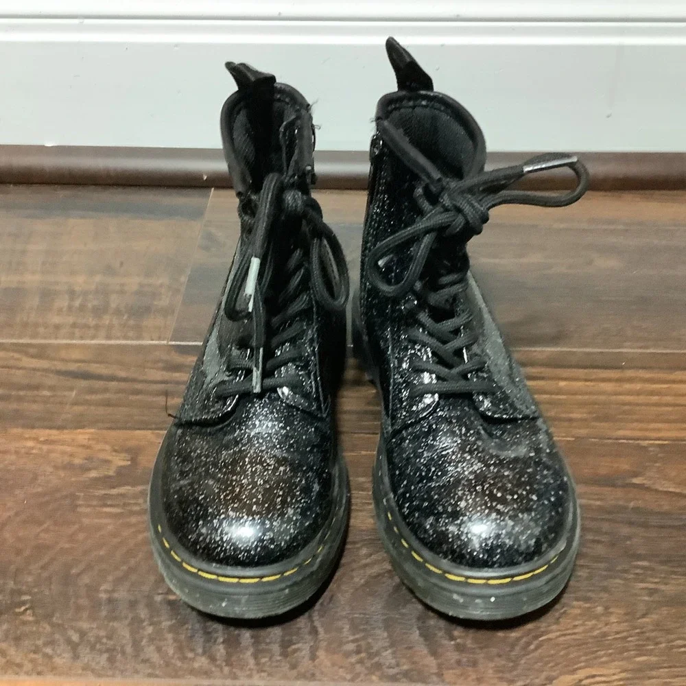 Dr. Martens 1460 J Black Glitter Lace Up Side Zip Boots Kids US 13